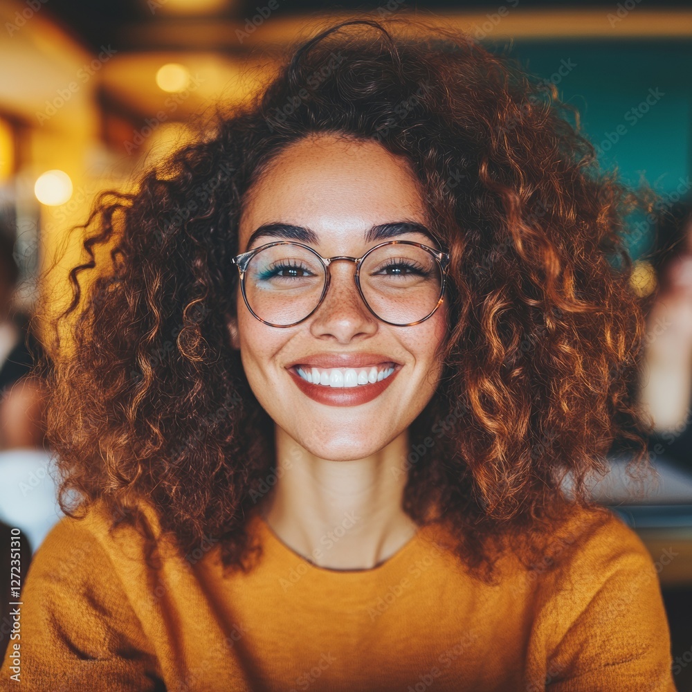 Obraz premium A young woman with curly hair and glasses smiles warmly. Her joyful expression is captivating.