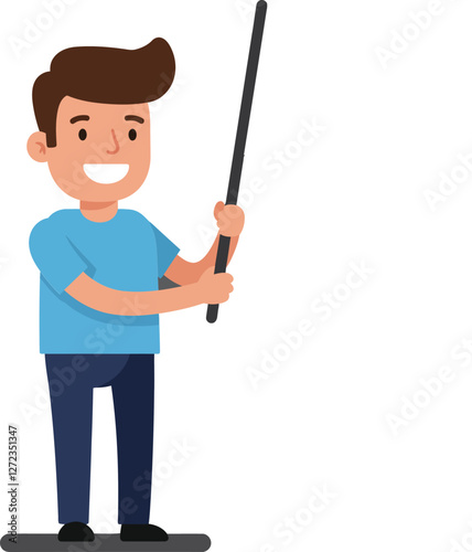Happy young man holding a stick in a flat minimal vector art