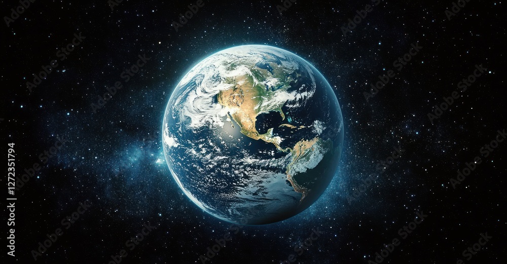 Fototapeta premium Hyper-Realistic View of Earth from Space with Celestial Glow and Detailed Continents