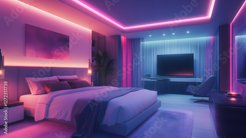 Modern hotel room designed with minimalist decor and cinematic lighting for a chic vibe