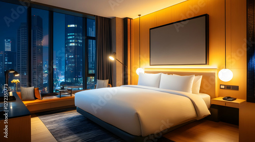 Modern hotel room designed with minimalist decor and cinematic lighting for a chic vibe