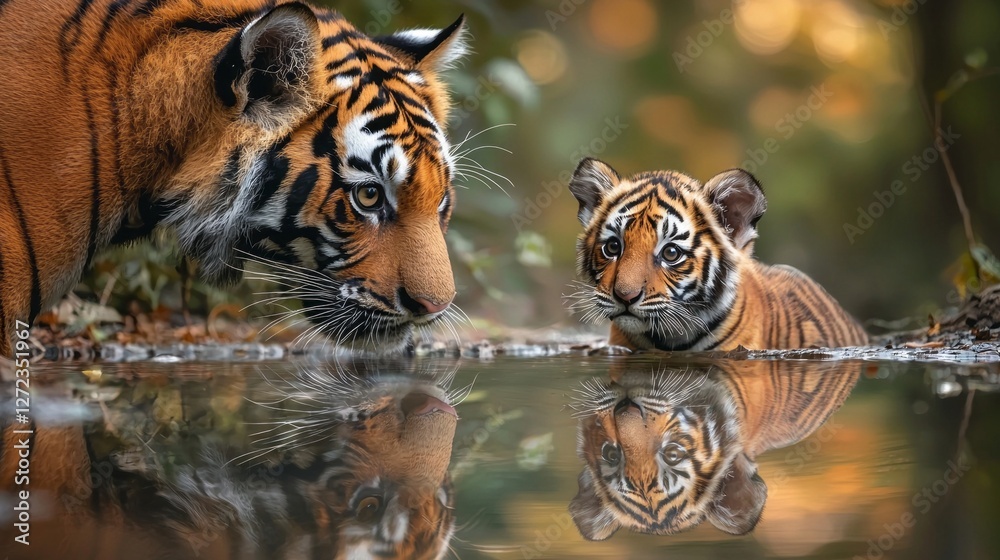 Obraz premium In a serene forest setting, a playful tiger cub explores its reflection in the calm water, while an adult tiger watches nearby, creating a charming display of nature's beauty