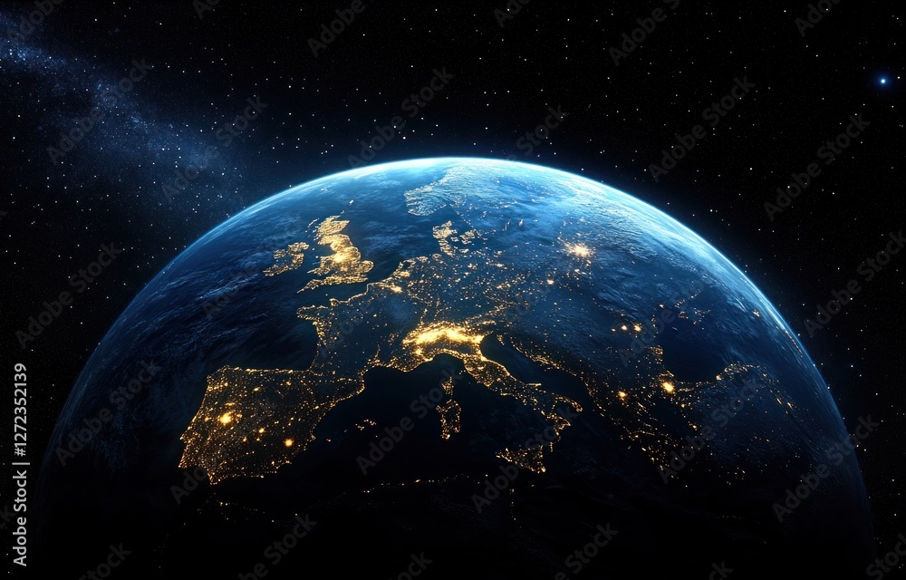 Fototapeta premium Earth at Night from Space Stunning 3D Render Hyper-Realistic View of Europe Illuminated with Stars