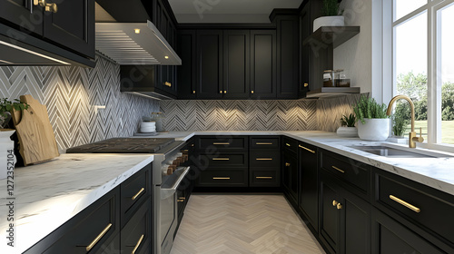 Modern kitchen with black cabinets, marble countertops, and chevron tile wall