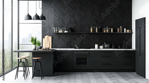 Modern kitchen with black cabinets, marble countertops, and chevron tile wall