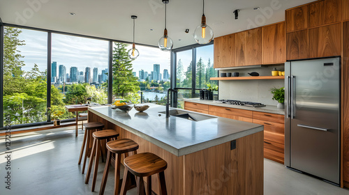 Modern kitchen with wooden accents and urban skyline view