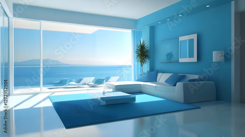 Modern living room bathed in blue tones with minimalist design