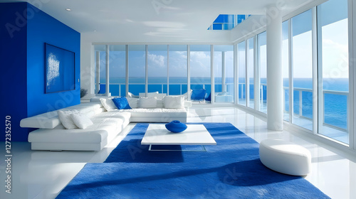Modern living room bathed in blue tones with minimalist design
