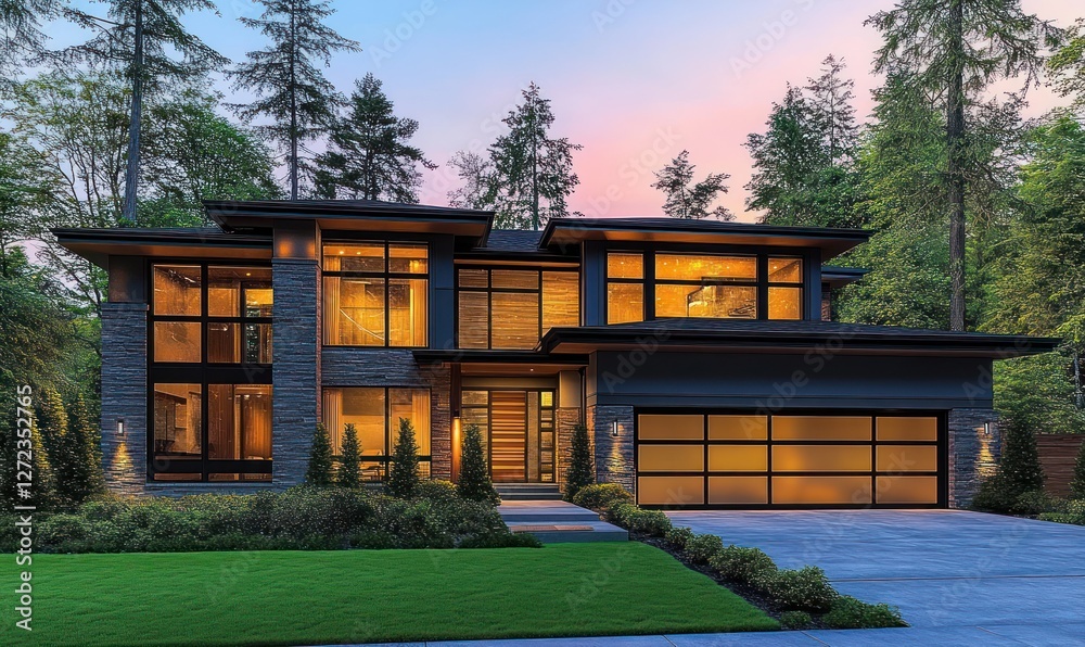 Modern Luxury Home Exterior at Twilight with Three Car Garage and Stone Accents