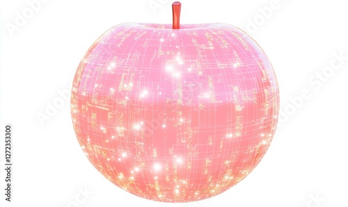A vibrant, glowing pink apple with a digital pattern, set against a soft, blurred background
