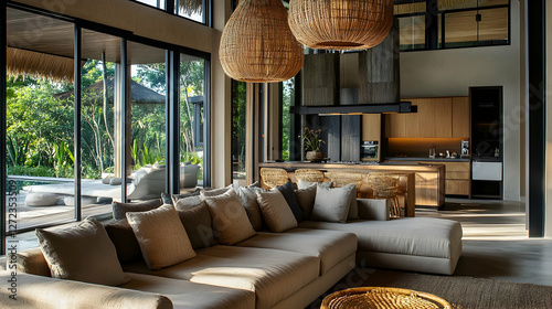 Modern living room with a comfortable sofa and wicker pendant lamp