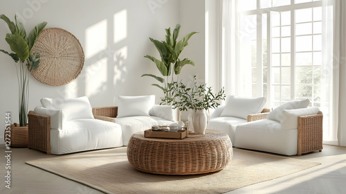 Modern living room with white armchairs and wicker coffee table