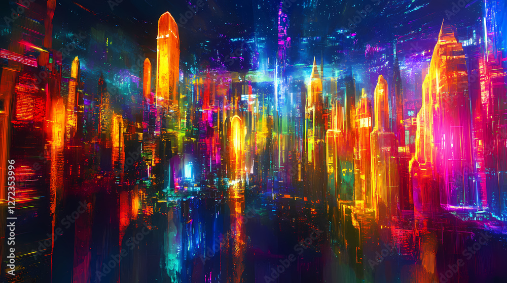 Obraz premium Neon dreamscape: a vibrant, stylized cityscape at night, awash in electric neon colors. the futuristic skyline shimmers with energy and possibility. Neon Dreamscape City. Illustration