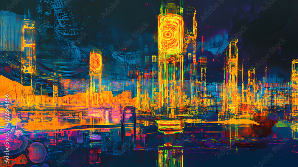 Obraz premium Surreal dreamscape: abstract city at night, Neon Dreamscape City. Illustration