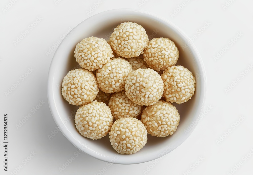 A Bowl of Delightful Round Snacks Coated with White Sesame Seeds Perfect for Celebrations or Casual Enjoyments in Minimalist Style A Bowl of Delightful Round Snacks Coated with White Sesame Seeds Perfect for Celebrations or Casual Enjoyments in Minimalist Style