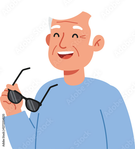 Happy elderly man wearing blue shirt holding sunglasses in flat vector illustration