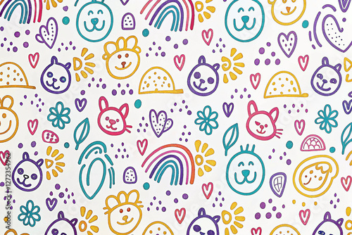 Cute animal pattern on white background with rainbows, hearts, and flowers. Childrens print