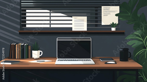 Modern Office Workspace with Laptop, Documents, and Coffee Cup for Productive Environment