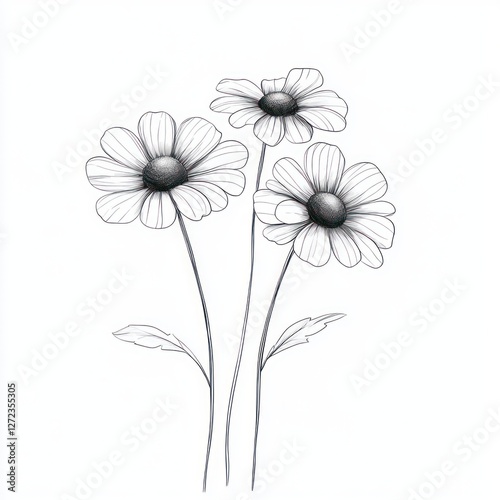 Minimalist Line Drawing of Daisies Flower Illustration, Black and White Botanical Art