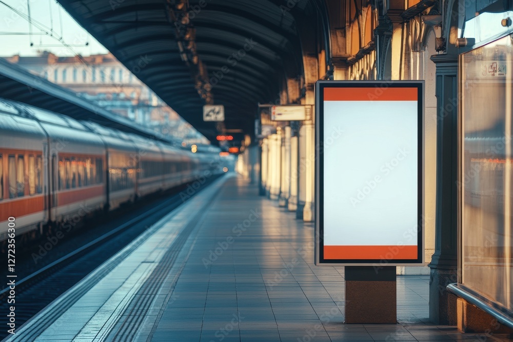 Blank billboard at a train station platform, showing a train in the background. Perfect for advertising transportation, travel, or urban themes.