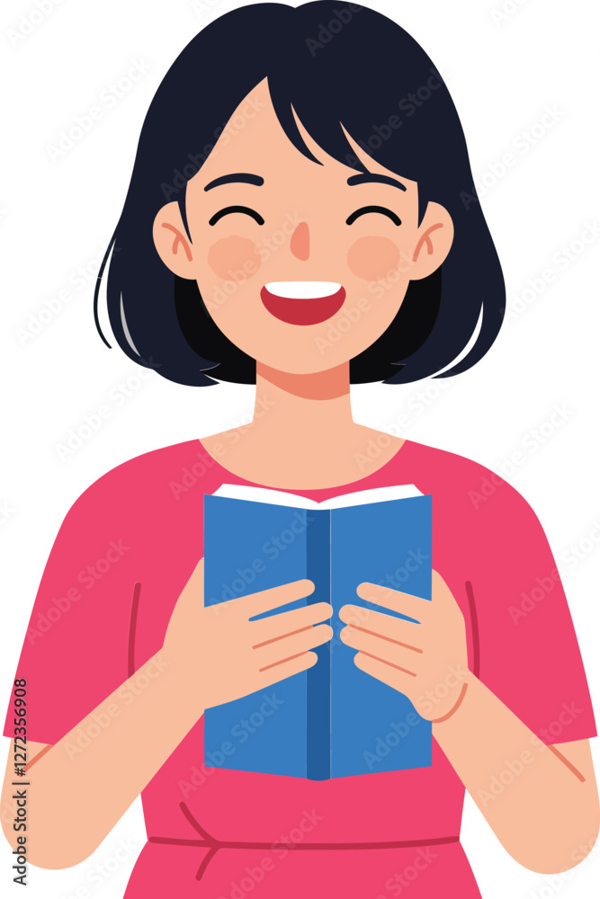 Happy woman holding a book in minimal flat design vector illustration Happy woman holding a book in minimal flat design vector illustration