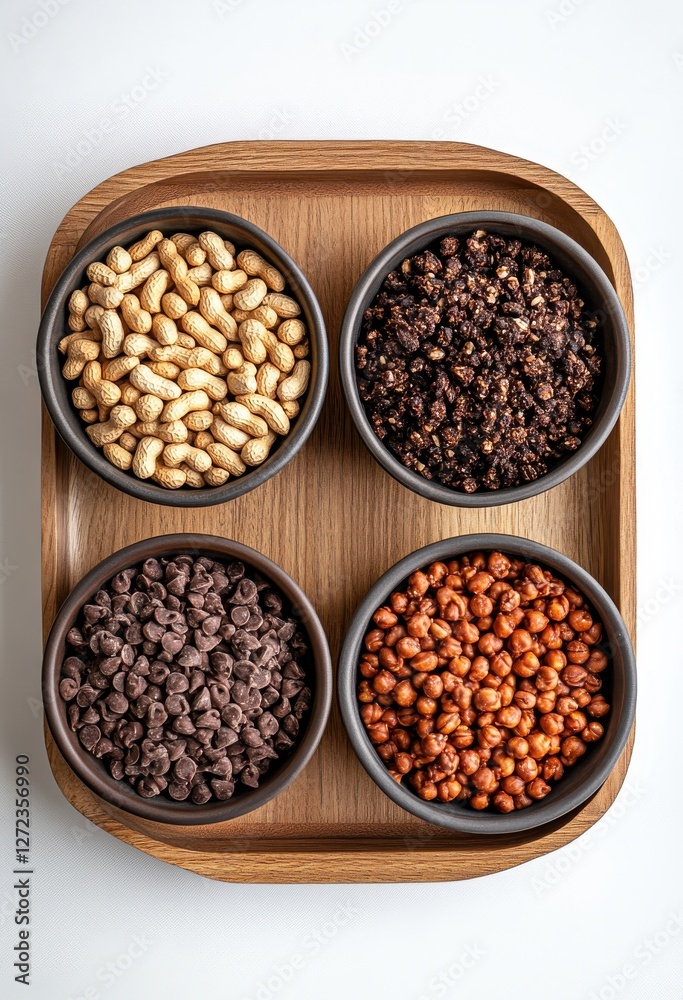 Assorted Nuts and Snacks in Bowls on Wooden Tray Perfect for Gatherings and Celebrations Assorted Nuts and Snacks in Bowls on Wooden Tray Perfect for Gatherings and Celebrations