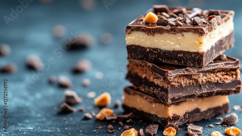 A decadent stack of gourmet chocolate squares with layers of creamy filling. Indulge in the rich, dark chocolate goodness!