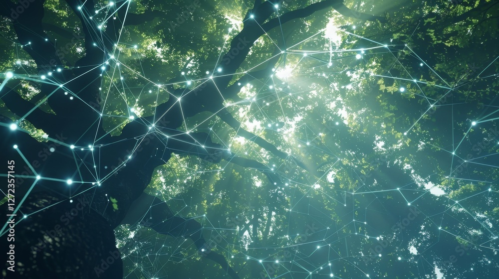 Obraz premium Sunlight filtering through the canopy casting a dappled glow on the interconnected blockchain trees.