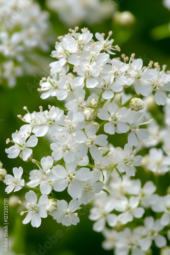 Delicate inflorescence featuring a cluster of pristine white flowers, showcasing intricate floral details against a soft, verdant background