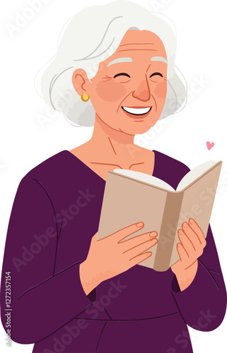 Happy elderly woman reading a book in flat vector illustration style