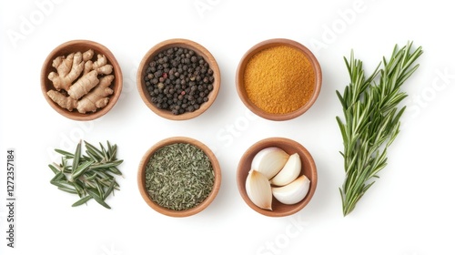 Spices, herbs, cooking, flatlay, white