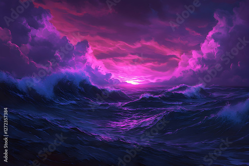 Ocean waves glowing in purple at sunset, with a fantasy atmosphere surrounding the coastline