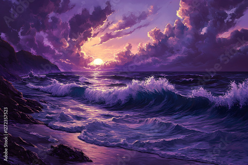 Ocean waves glowing in purple at sunset, with a fantasy atmosphere surrounding the coastline