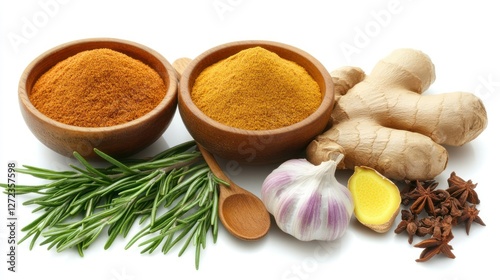 Spices, herbs, studio shot, white background, recipe