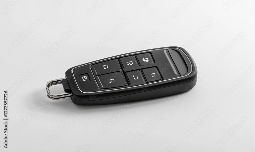 Close-up of a modern car key fob on a light background, showcasing its sleek design and buttons Close-up of a modern car key fob on a light background, showcasing its sleek design and buttons