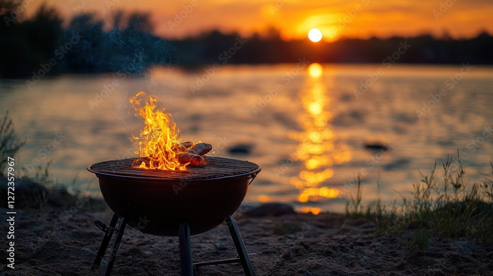 Sunset BBQ grilling lake shore summer food Sunset BBQ grilling lake shore summer food