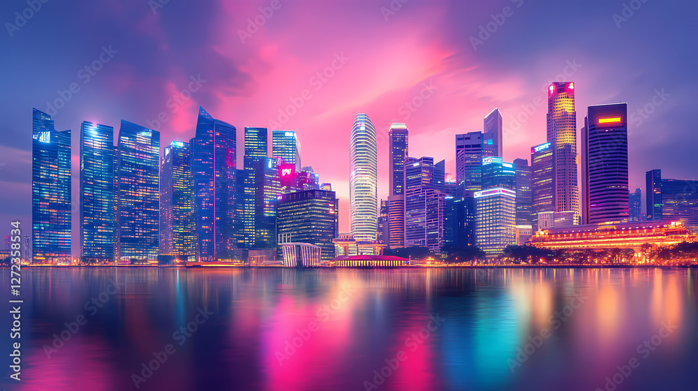 Naklejka premium A vibrant city skyline glowing with neon hues at twilight, showcasing modern architecture. Neon Dreamscape City. Illustration