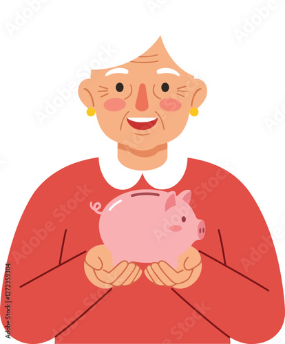 Elderly woman joyfully holding a piggy bank in flat vector art