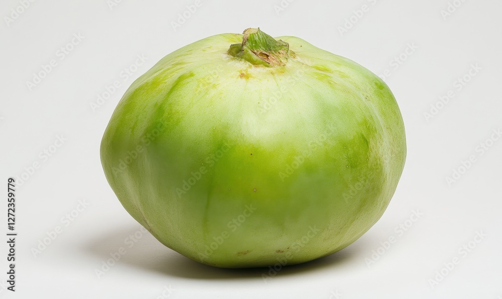 Fresh green tomato on a white background, showcasing its smooth surface and natural color Fresh green tomato on a white background, showcasing its smooth surface and natural color