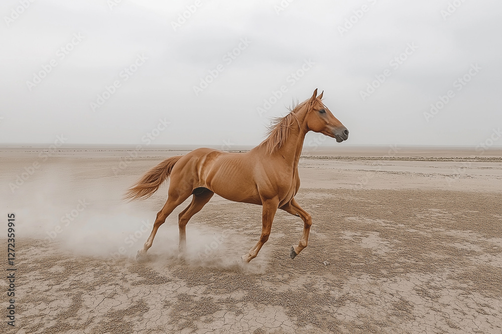 Golden Horse Galloping Across Expansive Desert Plain Golden Horse Galloping Across Expansive Desert Plain