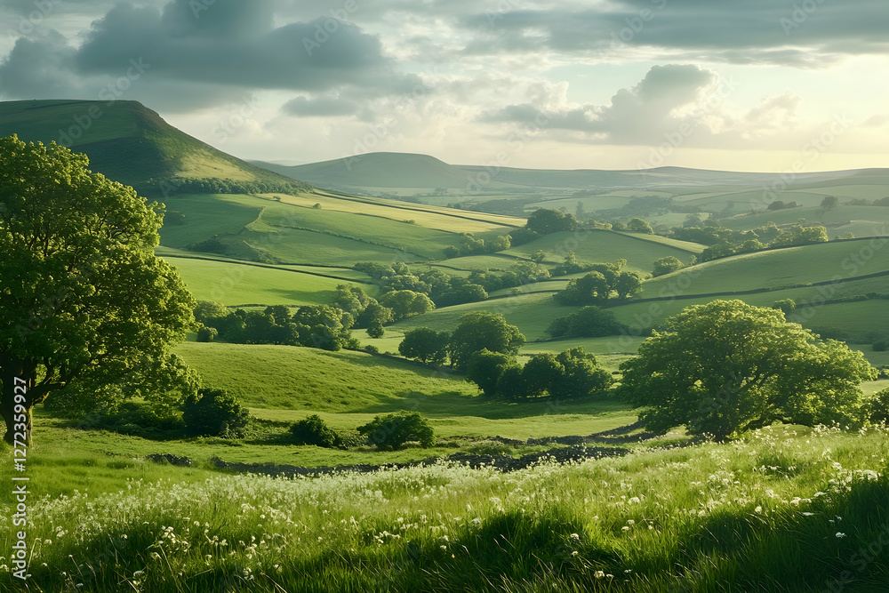 Obraz premium Rolling green hills and meadows creating a perfect scenic wallpaper