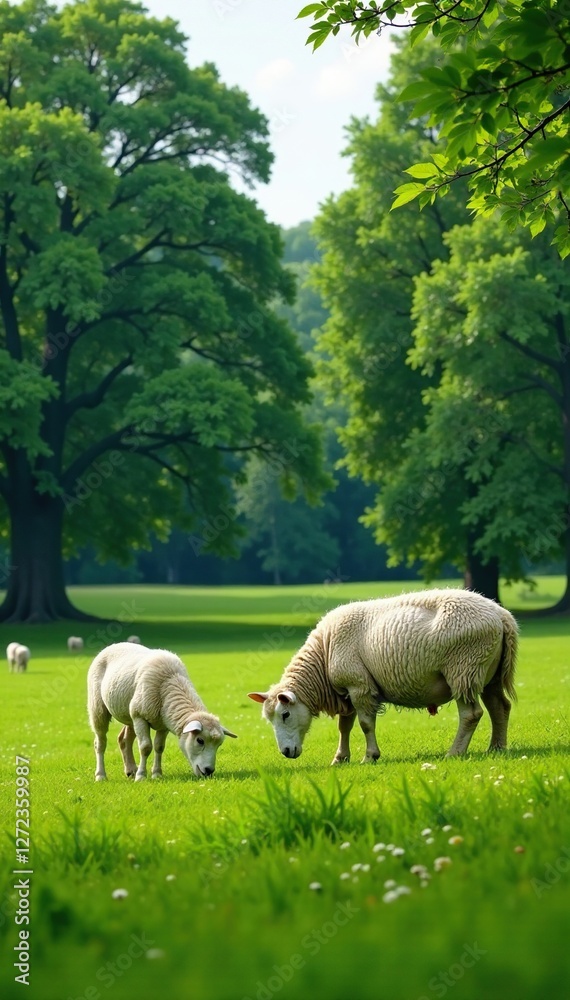 Obraz premium Grazing sheep in lush green meadow with tall trees, nature, countryside, farm