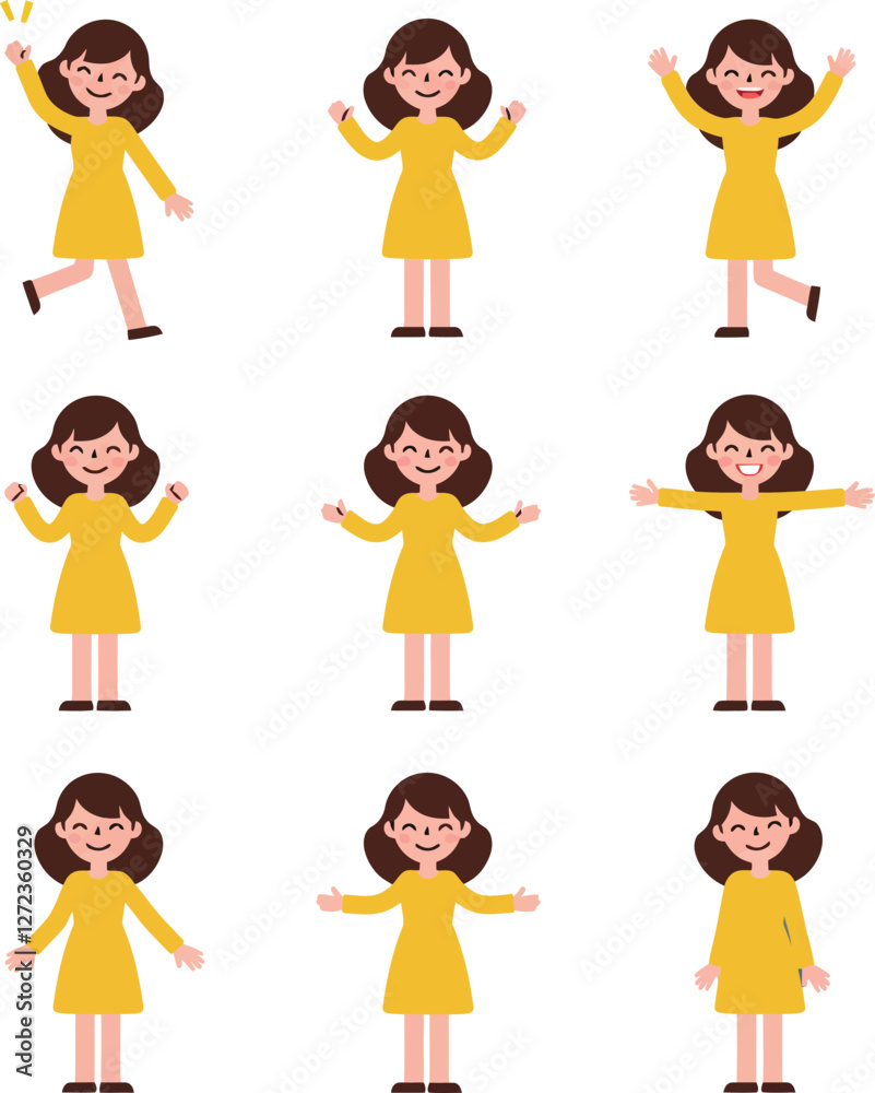 Girl character in yellow dress displaying emotions in flat vector illustration Girl character in yellow dress displaying emotions in flat vector illustration