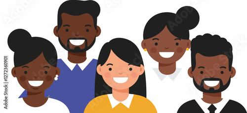 Group of diverse smiling individuals in flat style vector art