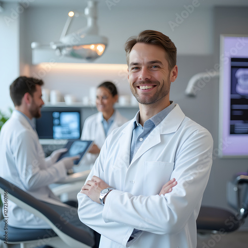 A professional dentist in a white lab coat andhands folded.
