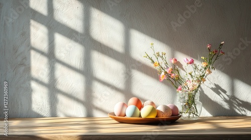 A charming display of colorful easter eggs rests on a wooden tabletop, surrounded by soft sunlight filtering through shadows, with a vase of fresh flowers adding a lively touch