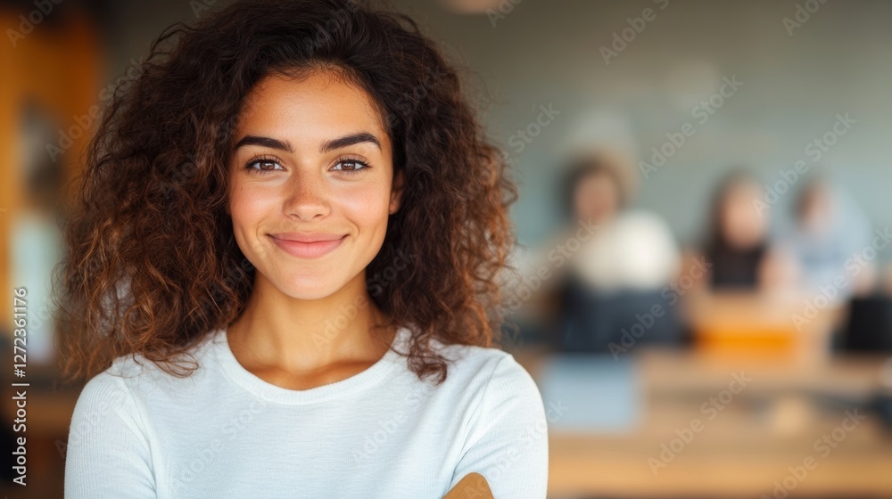 Fototapeta premium Portrait of a smiling young woman with curly brown hair. She is wearing a white shirt and is in a blurred office setting.