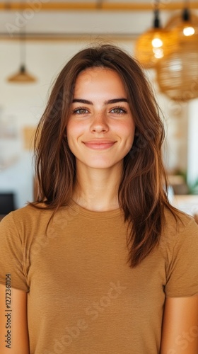 Portrait of a smiling young woman with long brown hair wearing a brown t-shirt. Warm lighting and neutral background.