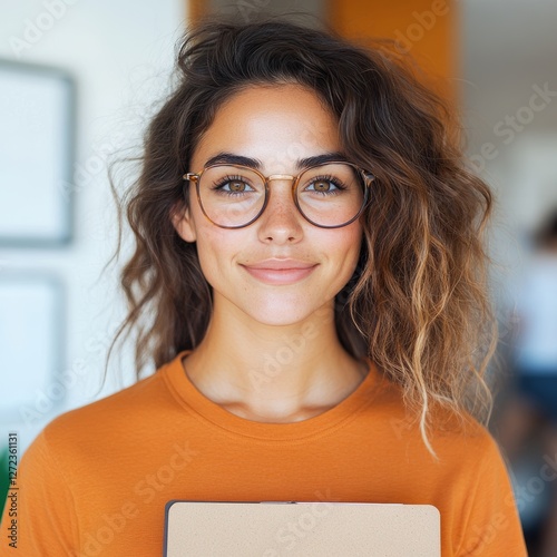 Smiling young woman with wavy brown hair wearing glasses and an orange shirt, holding a folder.