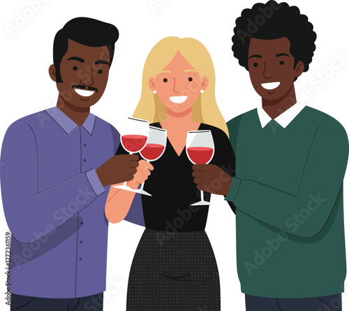 Group of friends celebrating with drinks in a flat vector illustration